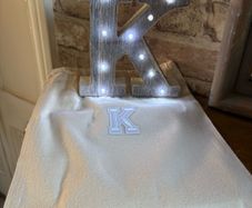 New 16cm x 15cm x 3cm washed wood effect K with lights in monogrammed gift bag