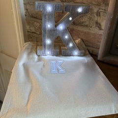 New 16cm x 15cm x 3cm washed wood effect K with lights in monogrammed gift bag