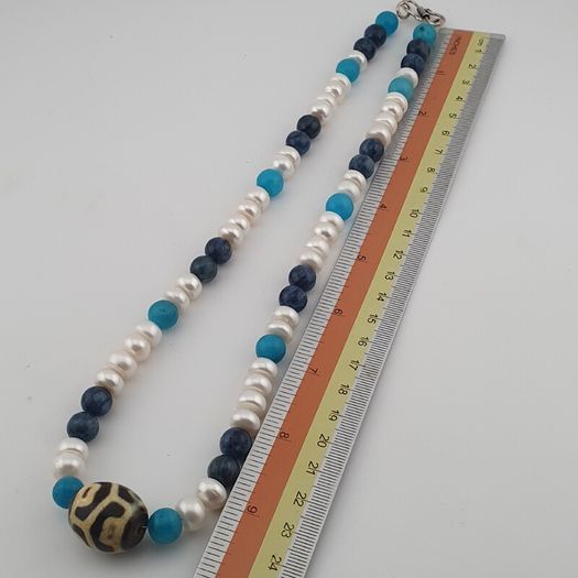 Authentic Fresh Water Pearls & Gemstone Beads With Himalayan Tibetan Dzi Pendant Necklace