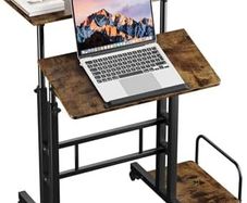 Height Adjustable Rolling Desk with Tilting Table Top, Sit-Stand Workstation with Wheels, 60 x 60 cm