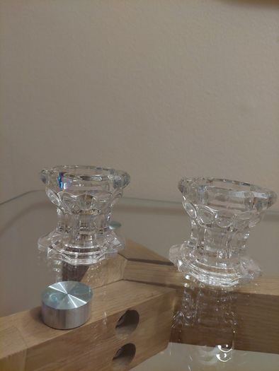 Pair of 1970s Reims VMC French Glass Candlestick Holders.