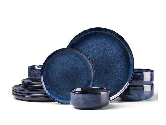 12 Piece Stoneware Dinnerware Service for 4, Reactive Glaze Dining Ware Include Plates and Bowls, Chip and Scratch Resistant, Microwave & Dishwasher Safe, Nebulas Blue