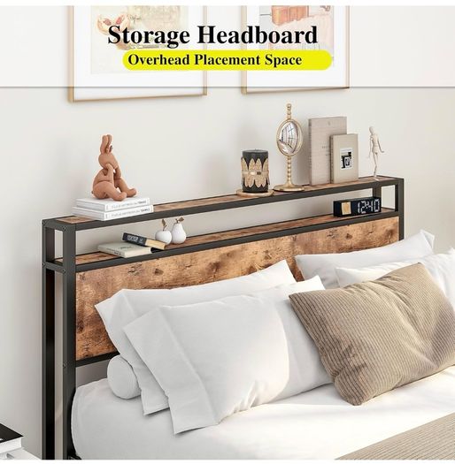 King Size Bed Frame with Storage Wooden Headboard,Bed