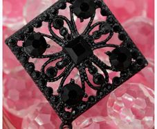 Czech Black Rhinestone Square Brooch With Drop Bead 1960s