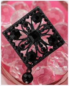 Czech Black Rhinestone Square Brooch With Drop Bead 1960s