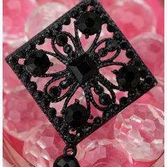 Czech Black Rhinestone Square Brooch With Drop Bead 1960s