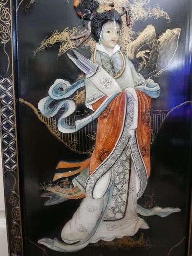 Vintage large Japanese Mother of Pearl Wall Panel / Black Lacquer Geisha Warrior & Floral ORIENTAL WALL ART