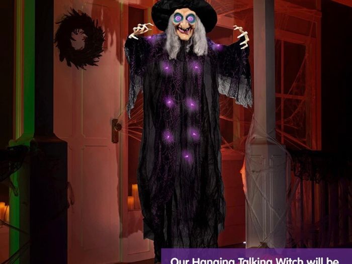 72 Inch Hanging Animated Talking Witch Decoration with Light-up Eyes and Sound Activation Function for Halloween Haunted House Prop