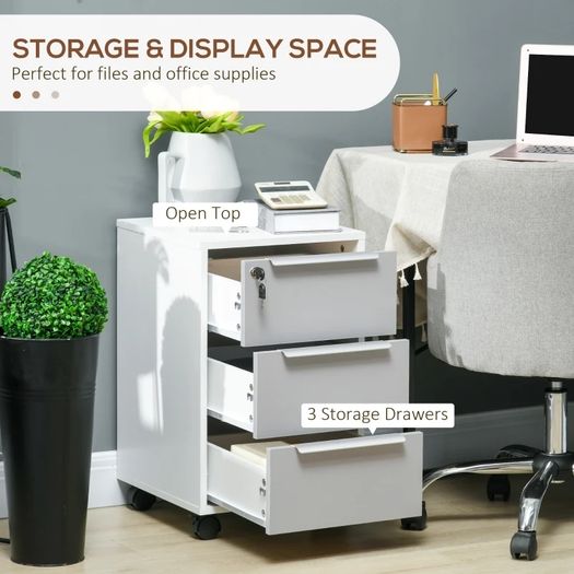 3-Drawer Locking File Cabinet Mobile Chest of Drawers Side Table on Wheels for Home Office, Bedroom and Living room