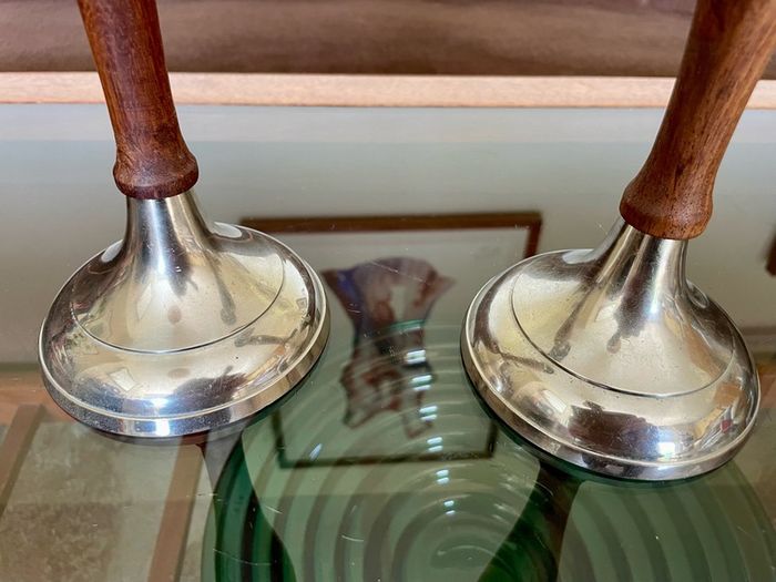 Vintage Tall Pair of Silver Metal and Wooden Candlestick Holders