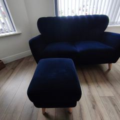 2-Seater Navy Velvet Sofa & Matching Footstool