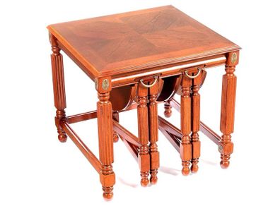 Mahogany Nest Of Three Tables, Raised On Block Legs With Understretcher