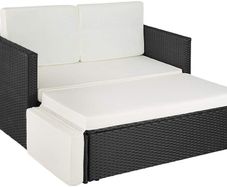 _Poly Rattan Lounge Set, 2-Seater Sofa with Backrest, Large Stool with Folding Support, Incl. Thick Cushions, Garden Furniture Set for Garden and Terrace