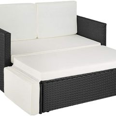 _Poly Rattan Lounge Set, 2-Seater Sofa with Backrest, Large Stool with Folding Support, Incl. Thick Cushions, Garden Furniture Set for Garden and Terrace
