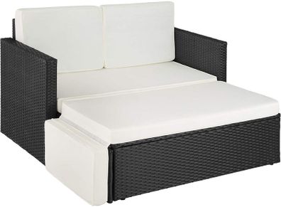 _Poly Rattan Lounge Set, 2-Seater Sofa with Backrest, Large Stool with Folding Support, Incl. Thick Cushions, Garden Furniture Set for Garden and Terrace