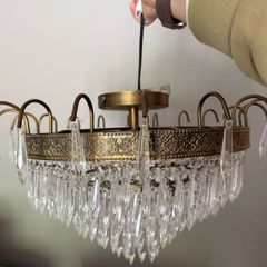 Pendant Chandelier Light in Antique Brass & Glass