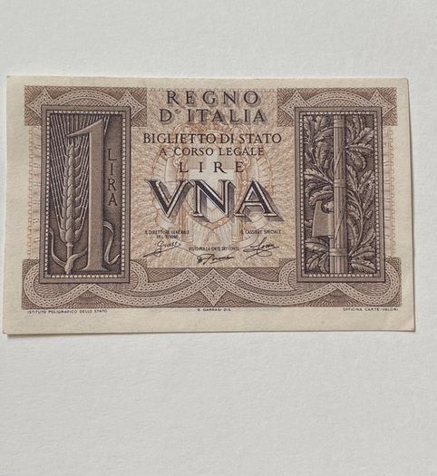 Bank Note 1939 Italian One Lira Note Regno D Italia UNC