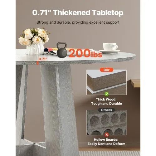 47 inch Wood Table for 4-6 Person, Farmhouse Circle Dinner Furniture, Rustic Leisure Tables with Thick Wooden Legs, for Home Kitchen Living Room, Grey Only Table
