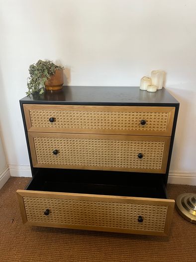 Black wood and Rattan chest of drawers