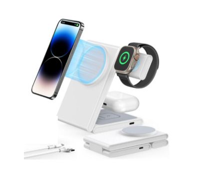 3 in 1 Foldable Magnetic Wireless Charging Station with PD 20W USB-C Adapter, Compatible with MagSafe