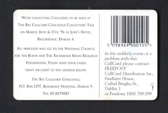 1996 Ireland 10 unit Callcard Collectors fair called "The Big Callcard Challenge" (Gemplus GEM1) Call Card Used. Telecom Eireann card number 1116