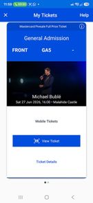 2x Michael Buble Front Standing tickets