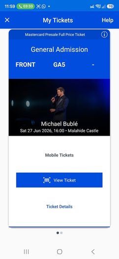 2x Michael Buble Front Standing tickets