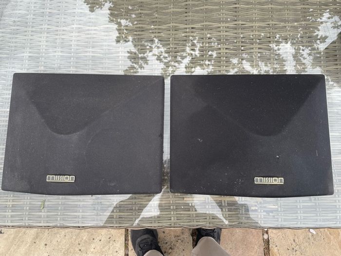 pair of Mission M5 DS speakers, surround sound, bi polar speakers , 2 way reflex, black enclosure, working perfectly.