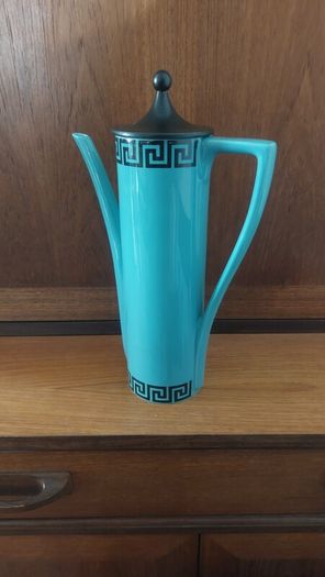 Fabulous Rare and Highly Prized Portmeirion Greek Key Tall Cylinder Coffee Pot in the Very Rare Turquoise and Black Colourway from 1967 - A Mid-Century Modern Design Classic in Mint Condition