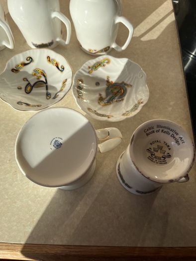 Royal Tara "Book of Kells" 5 Mugs & 3 Shell shaped dishes as New