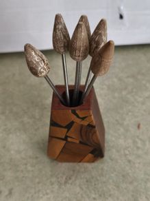Vintage Mid Century Modern Wood Cocktail / Hors de ouevres PIcks and Holder