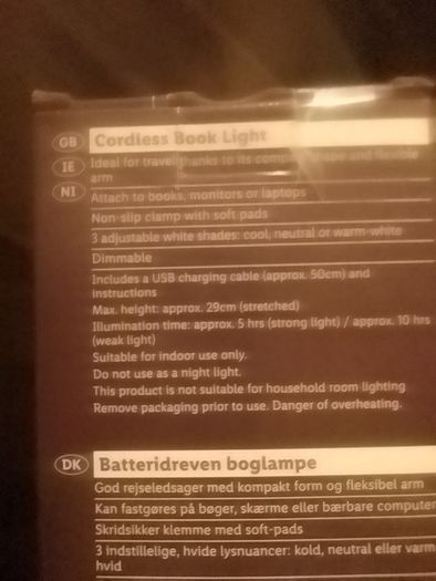 Cordless book light usb charged