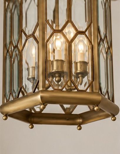Large Ornate Brass & Glass Hall Pendant Light 70cm
