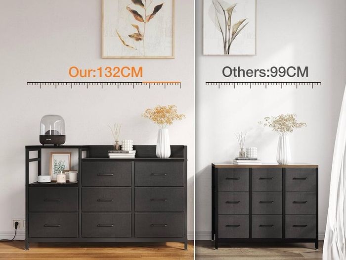 Black Chest of Drawers Bedroom, 8 Fabric Drawers, 30x132x88cm Contains 2 USB & 2 AC Ports Sockets, Storage Dresser with 8 Fabric Drawers Suitable for Bedrooms, Living Rooms