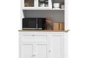 Country-style kitchen cabinet, 1 display cabinet, 1 open shelf, 1 drawer, 2 cupboards, Natural + White
