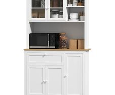 Country-style kitchen cabinet, 1 display cabinet, 1 open shelf, 1 drawer, 2 cupboards, Natural + White