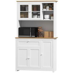 Country-style kitchen cabinet, 1 display cabinet, 1 open shelf, 1 drawer, 2 cupboards, Natural + White