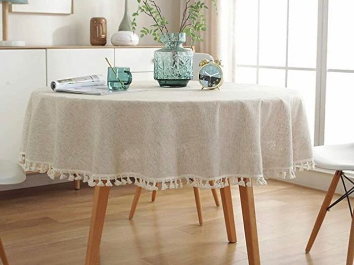 Cotton Linen Table Cloth Solid Color Tassel Round Tablecloth Dust-Proof Shrink-Proof Table Cover (Beige, Round 150cm)