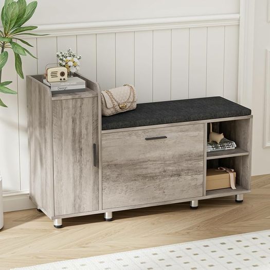 Shoe Storage Bench with Cushion, Grey Shoe Bench 105cm Lounge with 2 Shelves and 4 Compartments, Hallway Storage Unit with Seat, Living Room