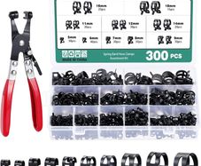 300PCS 10 Sizes 5-18mm Fuel Line Hose Clips Water Pipe Air Tube Silicone Vacuum Hose Clamp Fastener Assortment Kit, Fuel Line Clamps, Spring Hose Clamps with a Hose Clamp Pliers (Black)