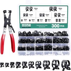 300PCS 10 Sizes 5-18mm Fuel Line Hose Clips Water Pipe Air Tube Silicone Vacuum Hose Clamp Fastener Assortment Kit, Fuel Line Clamps, Spring Hose Clamps with a Hose Clamp Pliers (Black)