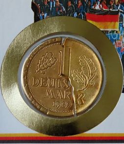 Vintage East Germany & West Germany united Gold plated 1 mark coins in Day of German Unity cover
