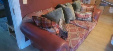 Leather and Kilim 4/5 peice sofa and wingback chairs set. 1 3 seater sofa 3/4 wingback armchairs