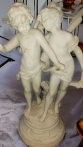 Antique Psyche and Cupid heavy large bisque statue