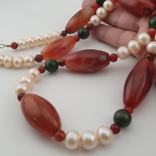Vintage African Carnelian Statement Necklace with Genuine Pearls & Green Jade Beads