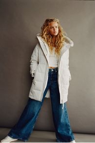 Zara Water Repellant Long Puffer Winter Parka Ecru