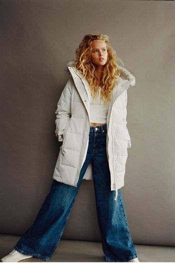 Zara Water Repellant Long Puffer Winter Parka Ecru