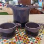 Amazing and Rare Vintage Mid Century Modern Celtic Thomas Unusual-Handled Tall Teapot in the Lilac and Indigo Colourway, Plus Two Matching Cups in The Wave Pattern Image 2