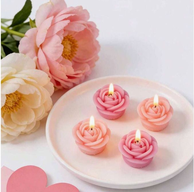 Beautiful Rose-Shaped Candle Set in Wood Box - Perfect Gift