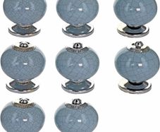Blue-Grey Crackle Handmade Design Round Ceramic Door Knobs, Vintage, Shabby Chic, Interior Furniture, Cabinet Wardrobe Cupboard Drawers Pulls Handles (8-Pack)